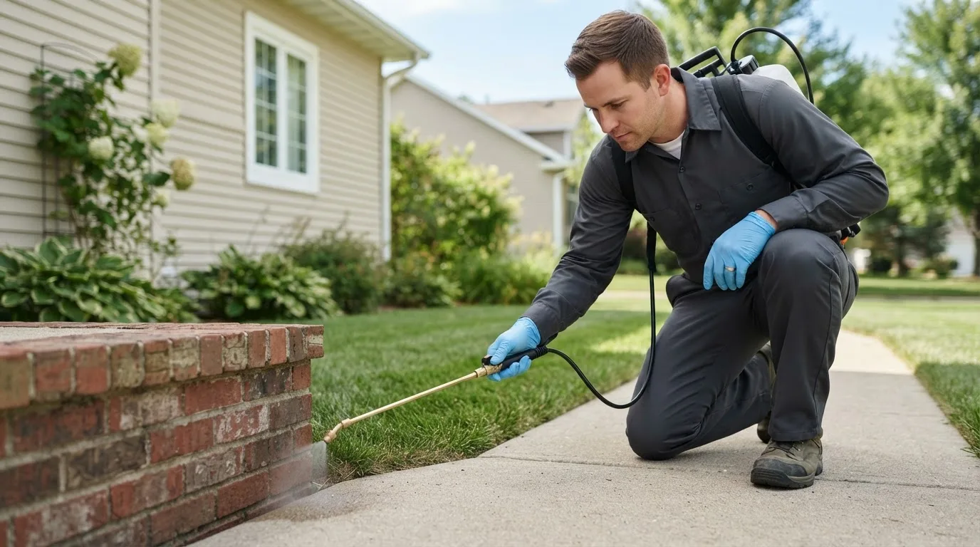 Pest control technician treating a home near Alexander, IA