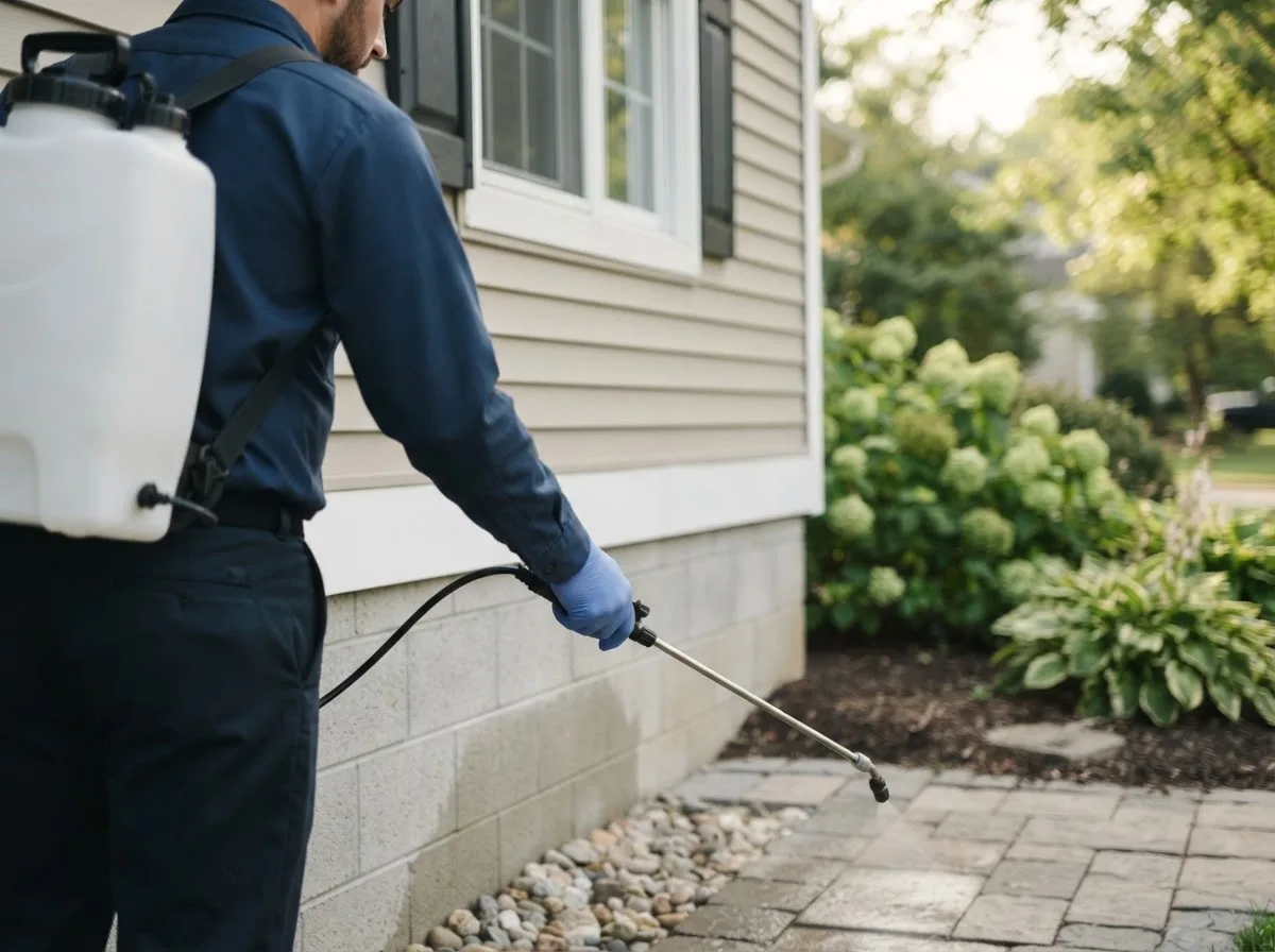 Pest control technician inspecting a home in Alexander, IA